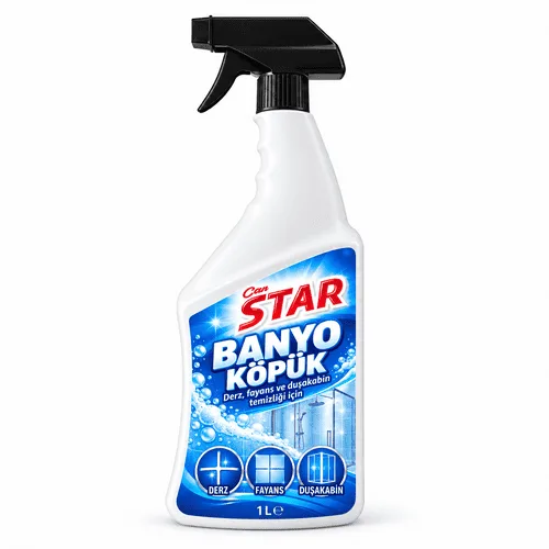 Banyo Köpük Temizleyici sprey şişesi ve mavi ön etiketi