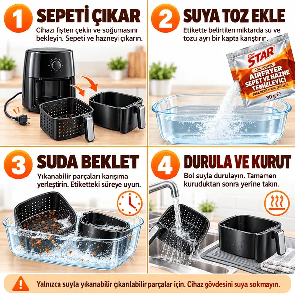 Can STAR Airfryer Sepet ve Hazne Temizleyici 30 g turuncu saşe; suda bekletilen çıkarılabilir sepet ve hazne görseli.