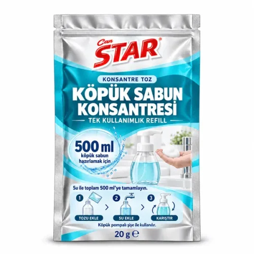 Can STAR köpük sabun konsantresi 20 g turkuaz saşe ambalajı, 500 ml ürün hazırlama bilgisi ve köpük pompalı şişe görseli.