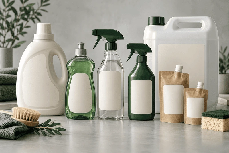 Boş etiketli deterjan şişeleri, spreyler, beyaz bidon ve refill ambalajlarından oluşan ürün ailesi